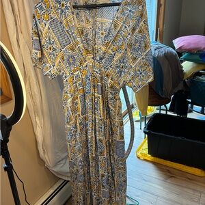 Dress Forum Blue and Yellow Geometric Floral V‑Neck Maxi Dress